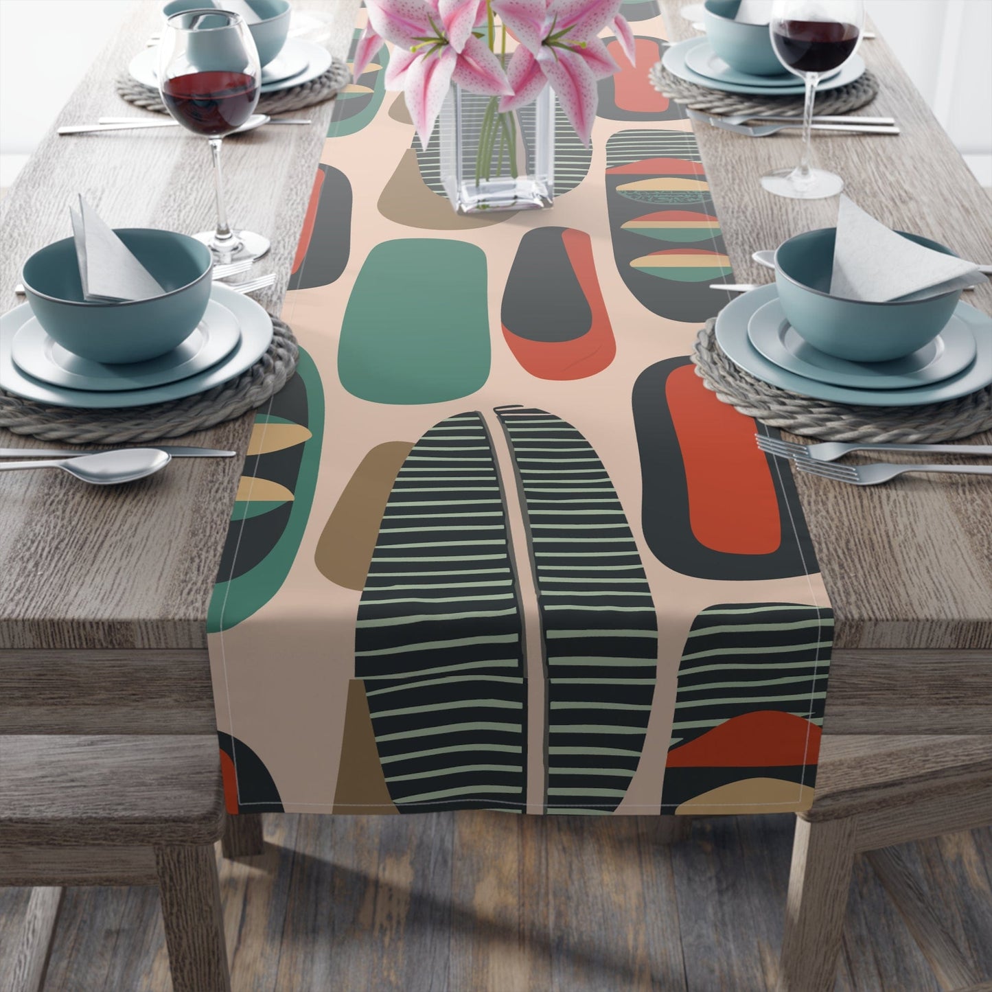Kate McEnroe New York Retro Mod Table Runner, MCM Geometric Dining Decor, Abstract Shapes Table Linen, Mid Century Modern Table Accessory Table Runners 16" × 72" / Cotton Twill 23247645897037943048
