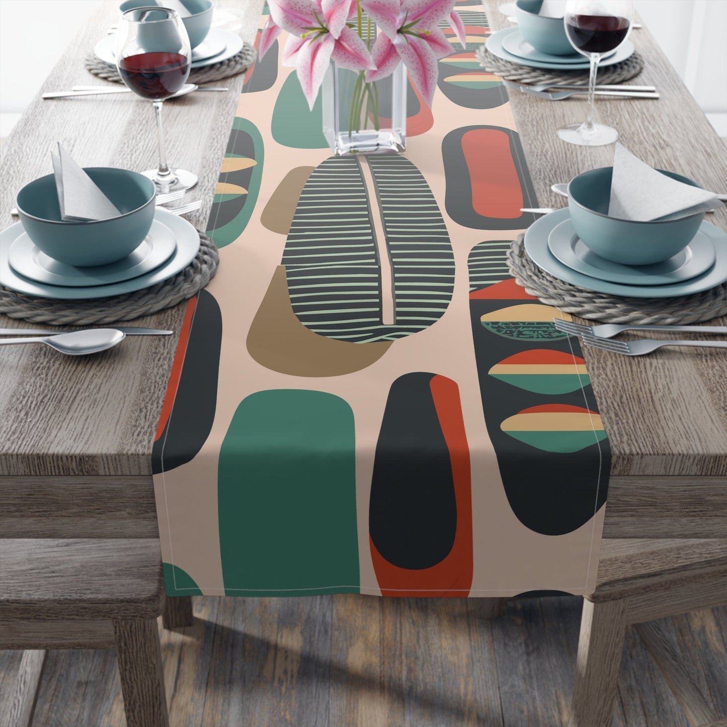Kate McEnroe New York Retro Mod Table Runner, MCM Geometric Dining Decor, Abstract Shapes Table Linen, Mid Century Modern Table Accessory Table Runners 16" × 90" / Cotton Twill 20993247978682289423