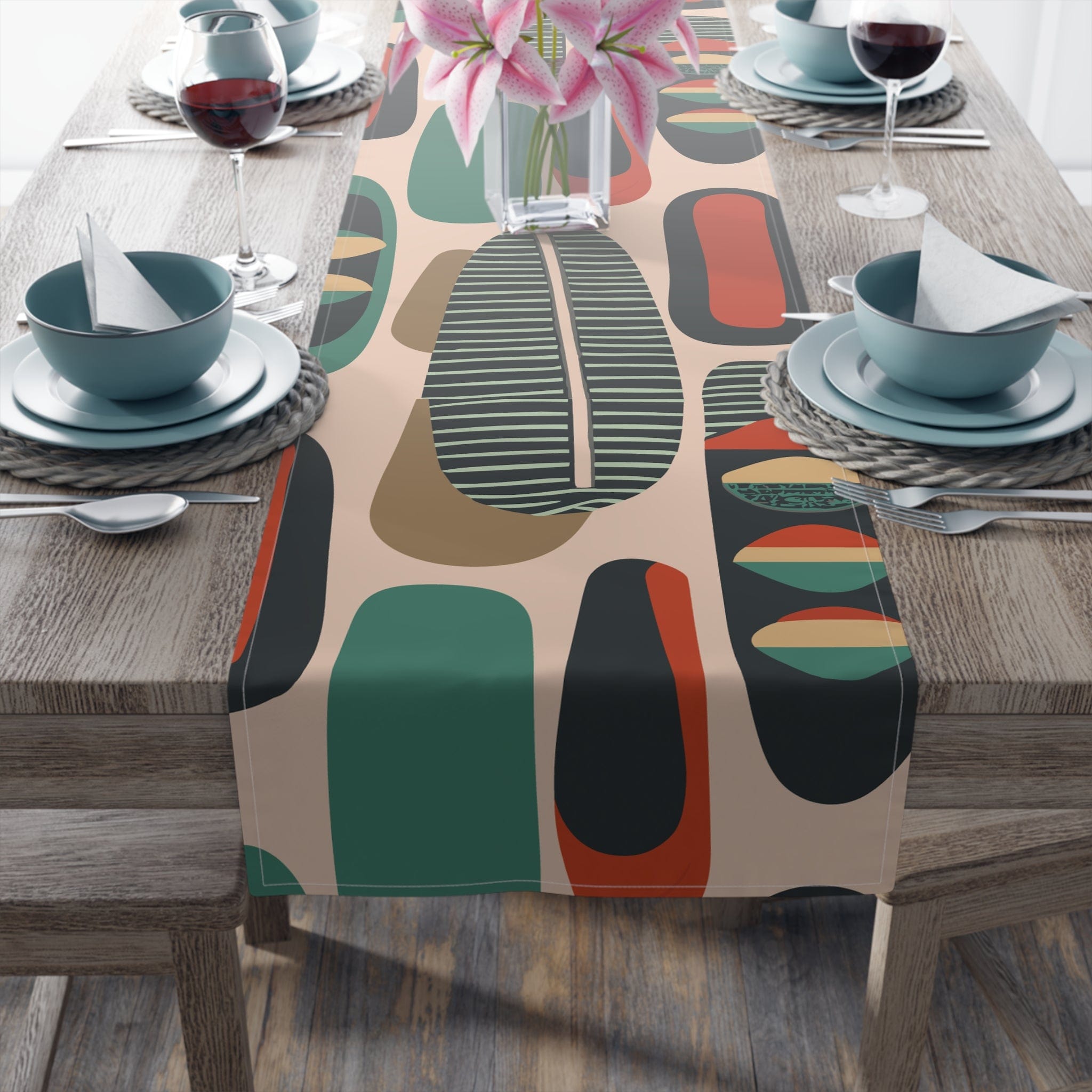 Kate McEnroe New York Retro Mod Table Runner, MCM Geometric Dining Decor, Abstract Shapes Table Linen, Mid Century Modern Table Accessory Table Runners 16&quot; × 90&quot; / Cotton Twill 20993247978682289423