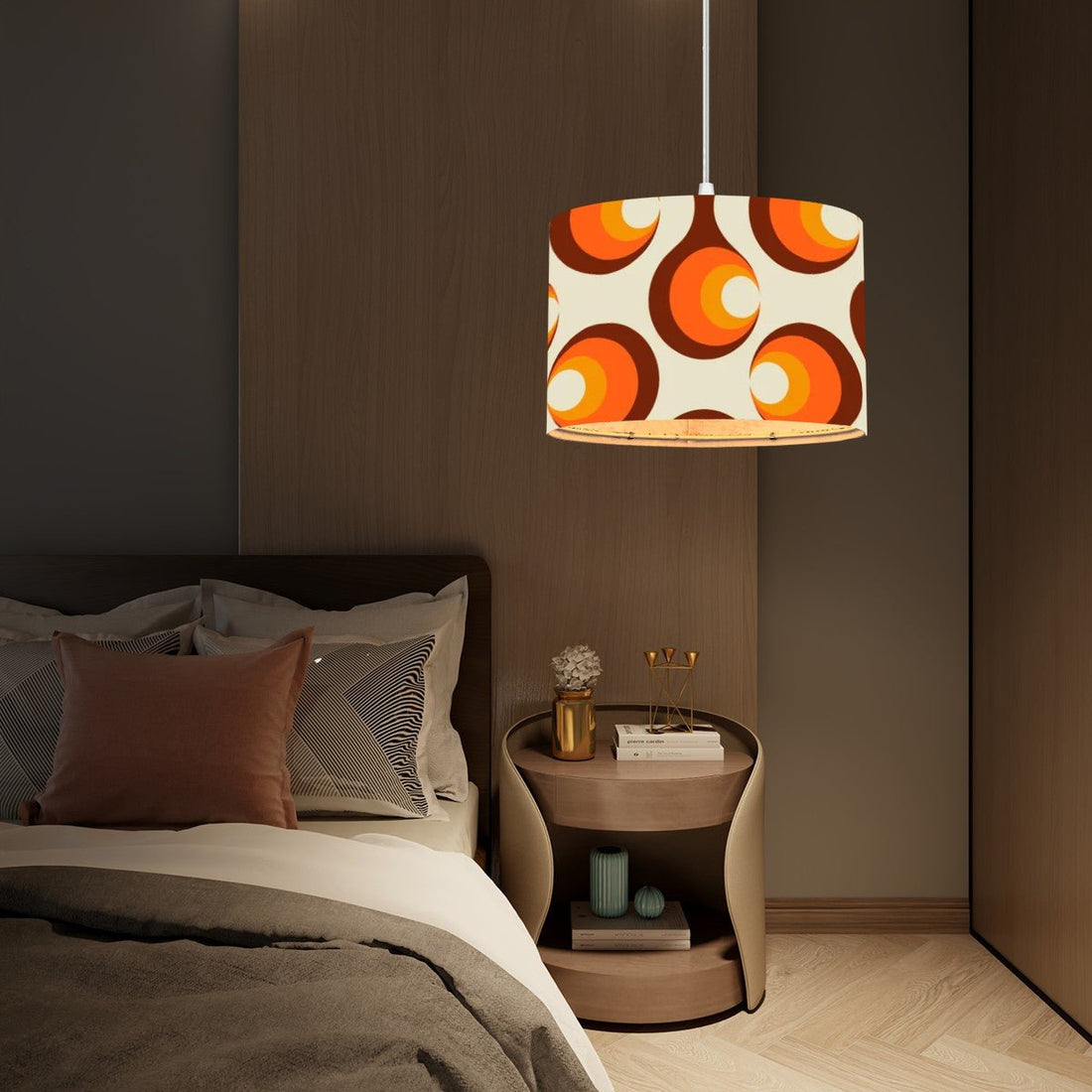 Kate McEnroe New York Retro Orb Pendant Lamp, 70s Style Geometric Lighting, Mid Century Modern Hanging Light Fixture, Vintage Orange Brown Circle Design LampCeiling LightingR7EdohRO8X