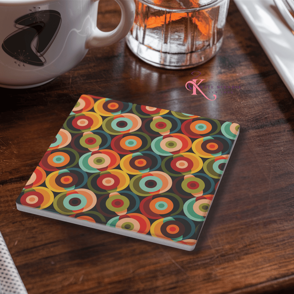 Kate McEnroe New York Retro Orbs 70s Soapstone Coaster, Mid Century Modern BarwareCoasters7021