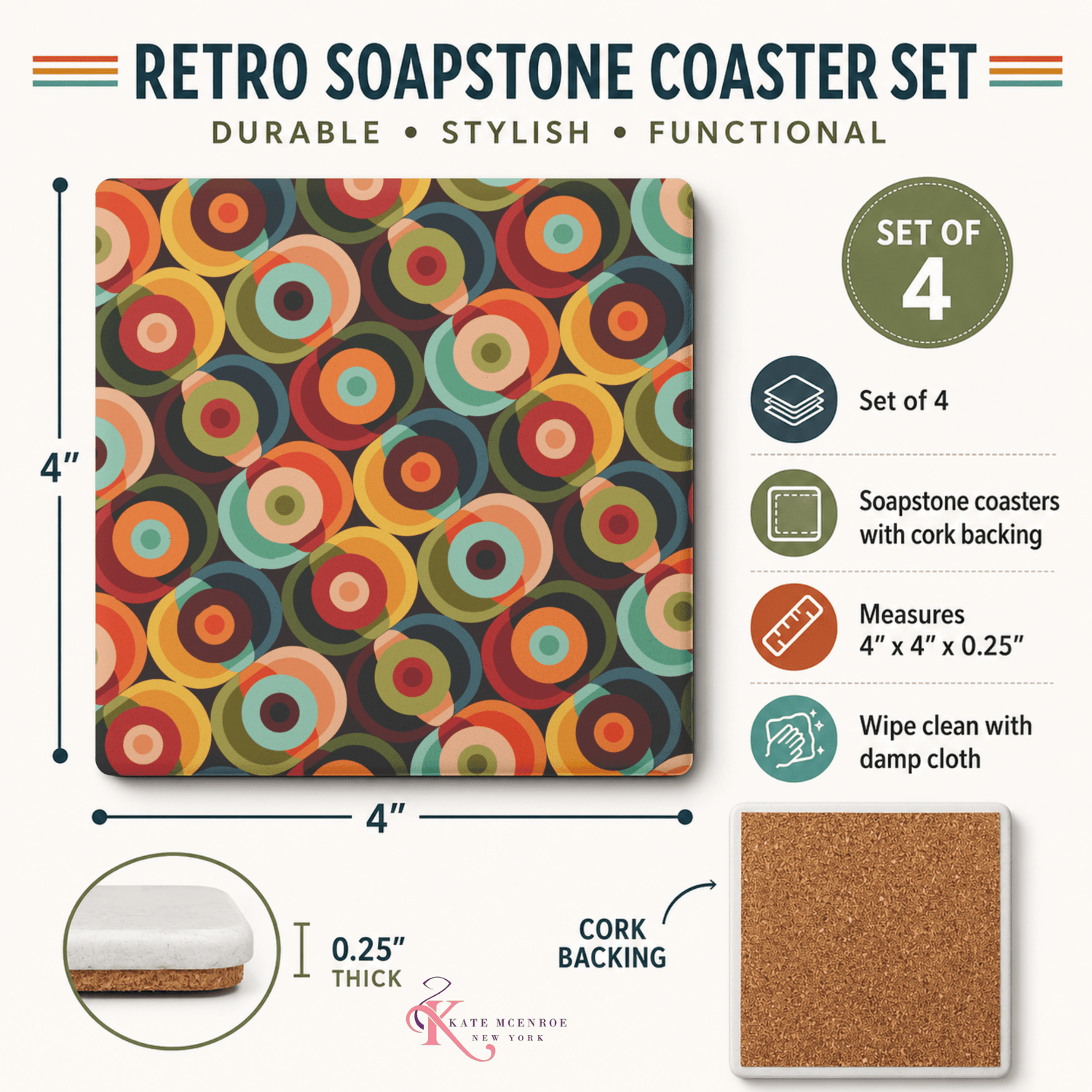 Kate McEnroe New York Retro Orbs 70s Soapstone Coaster, Mid Century Modern BarwareCoasters7021