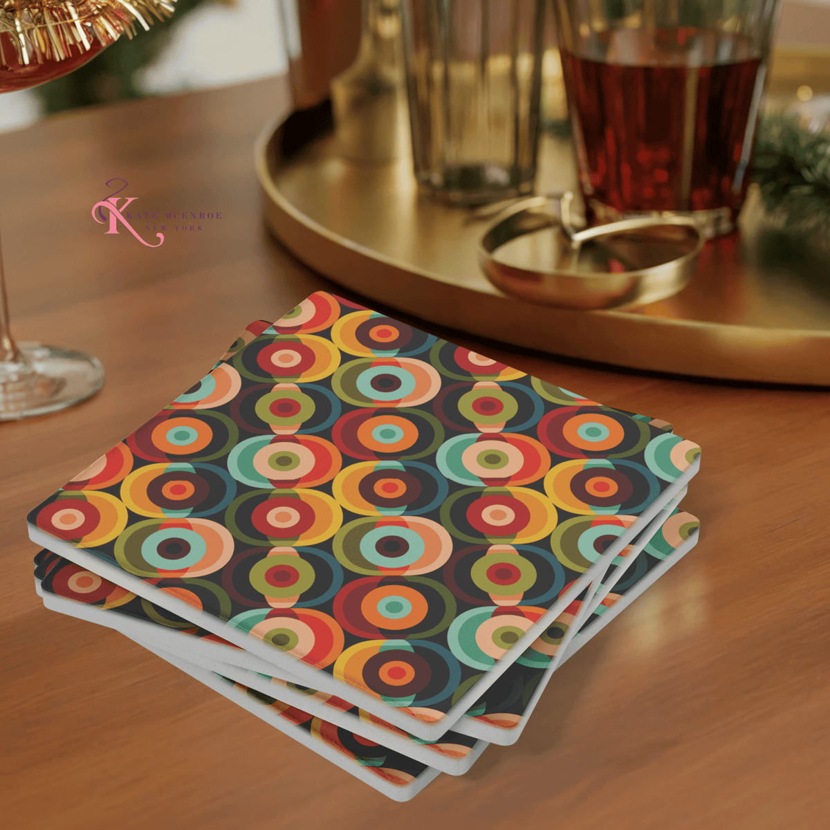 Kate McEnroe New York Retro Orbs 70s Soapstone Coaster, Mid Century Modern BarwareCoasters7021
