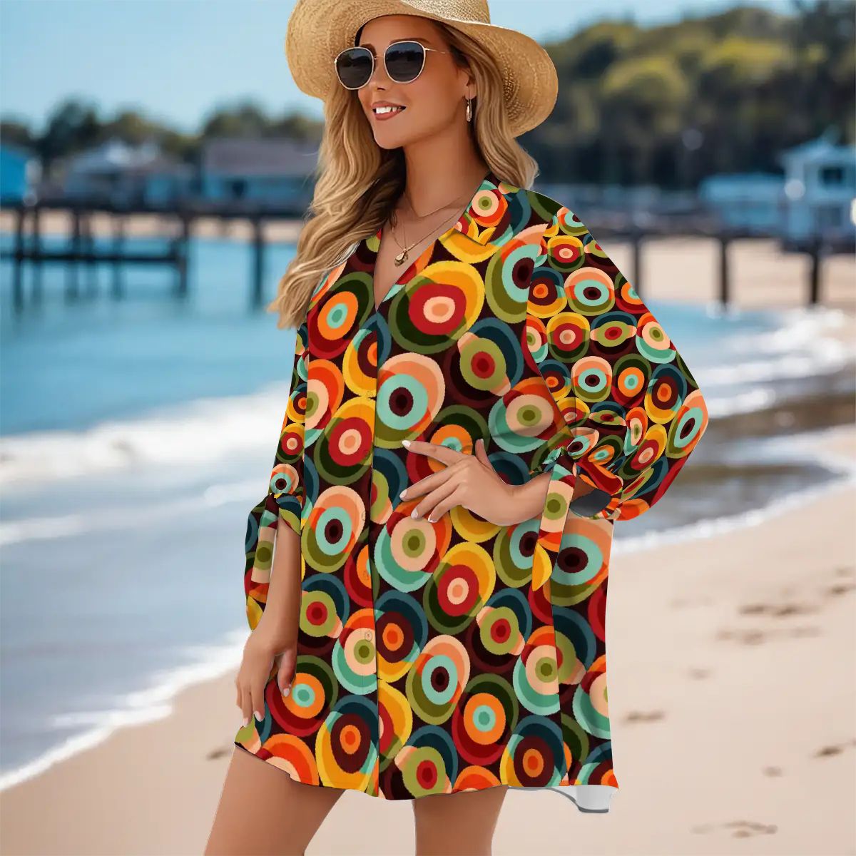 Kate McEnroe New York Retro Orbs Cover Up Shirt Dress, Mid Century Mod Tunic, 1960s Groovy Lounge BeachwearSwimsuits Cover Upsxxq7NLL2zU