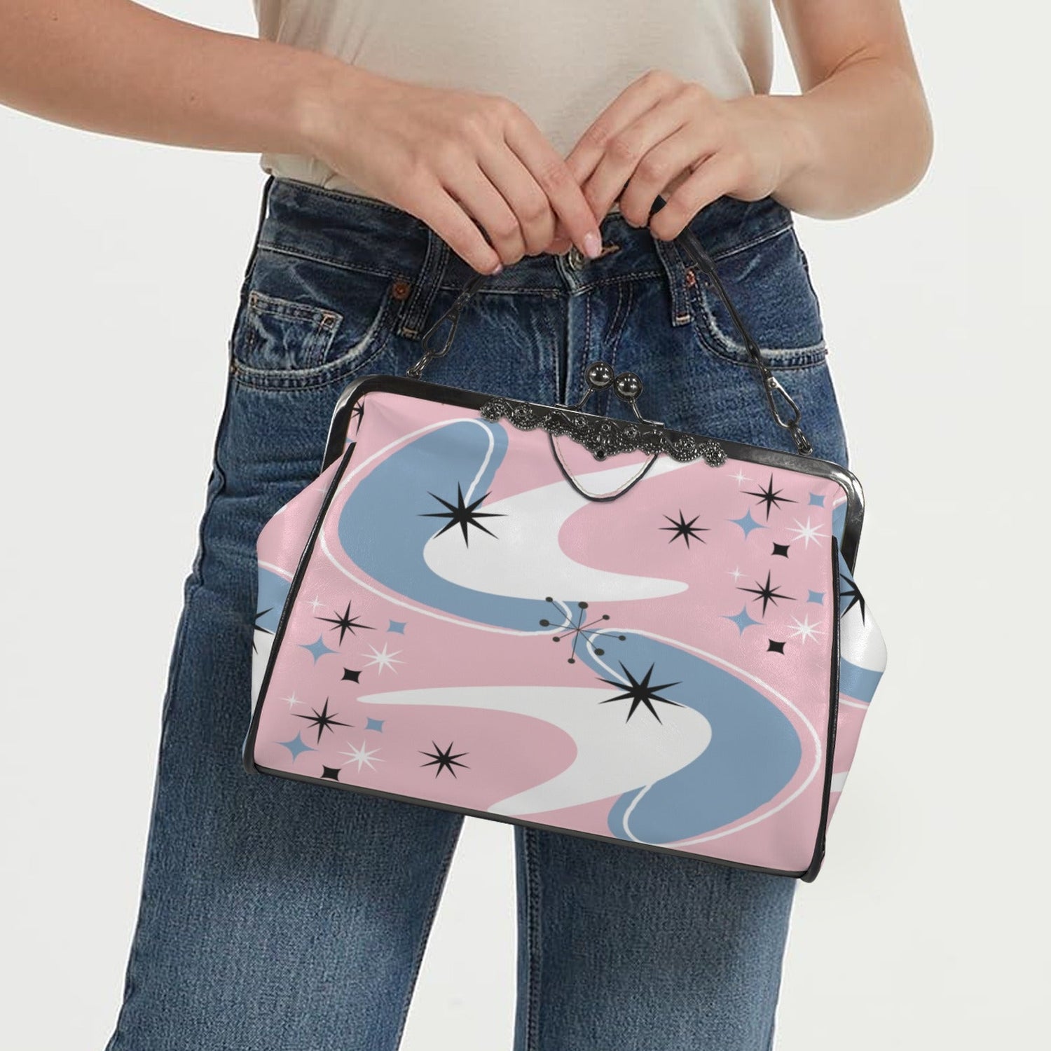 Kate McEnroe New York Retro Pink Atomic Boomerang Starburst Kiss Lock PurseCrossbody BagsD3268877