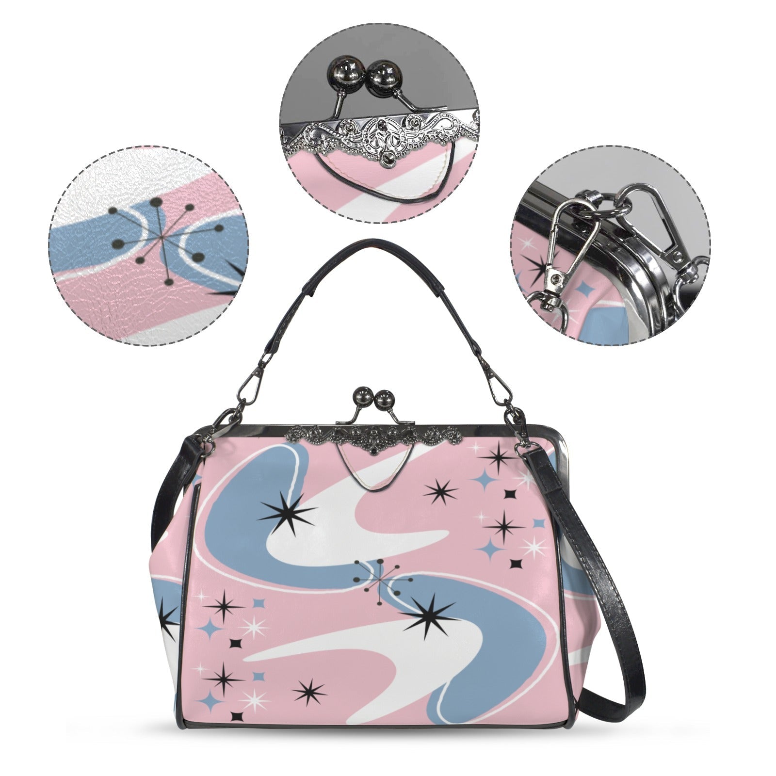 Kate McEnroe New York Retro Pink Atomic Boomerang Starburst Kiss Lock PurseCrossbody BagsD3268877