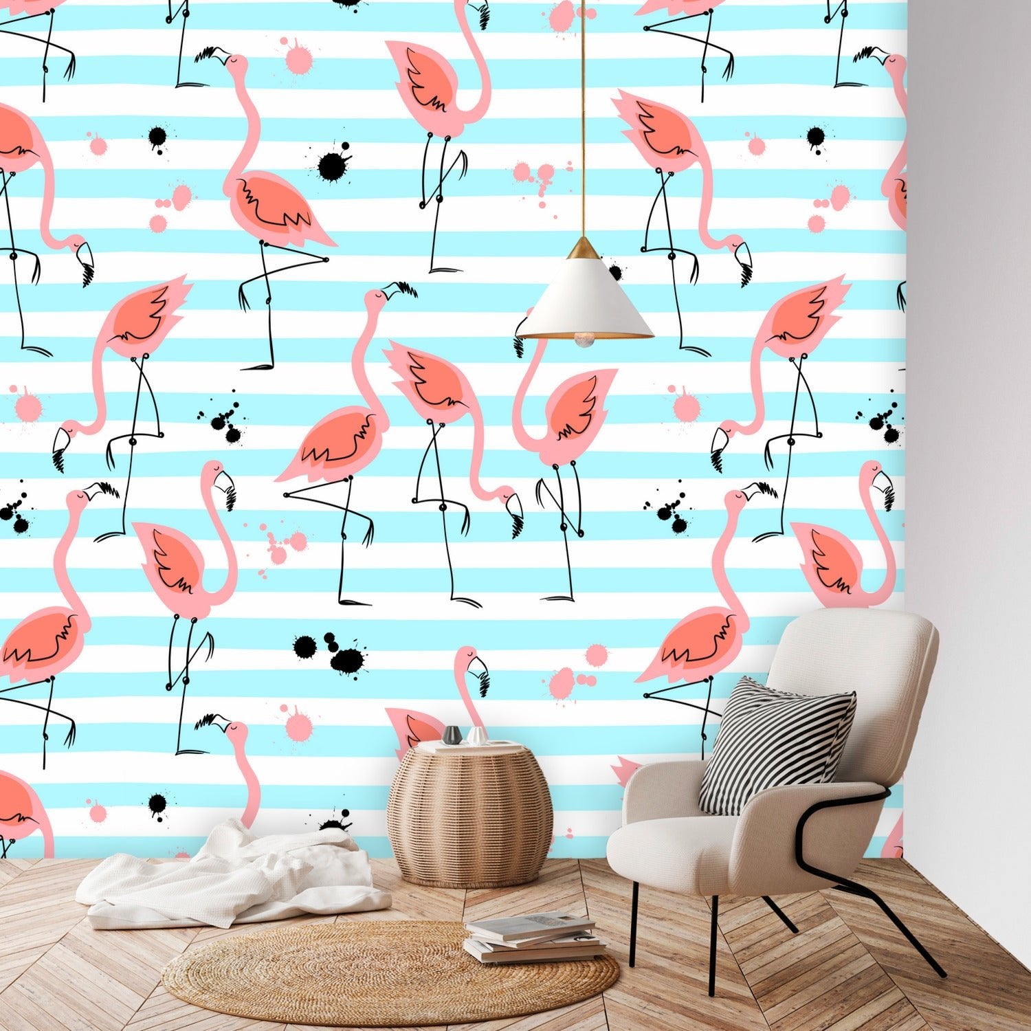 Kate McEnroe New York Retro Pink Flamingo Striped Wall Mural, Mid Century Modern Tropical Peel and Stick Wallpaper, 50s Palm Springs DecorWall Mural127795