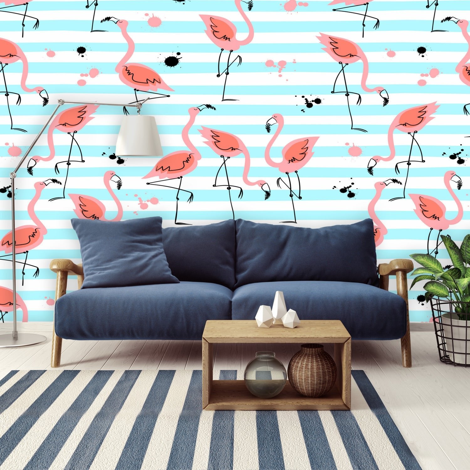 Kate McEnroe New York Retro Pink Flamingo Striped Wall Mural, Mid Century Modern Tropical Peel and Stick Wallpaper, 50s Palm Springs DecorWall Mural127796