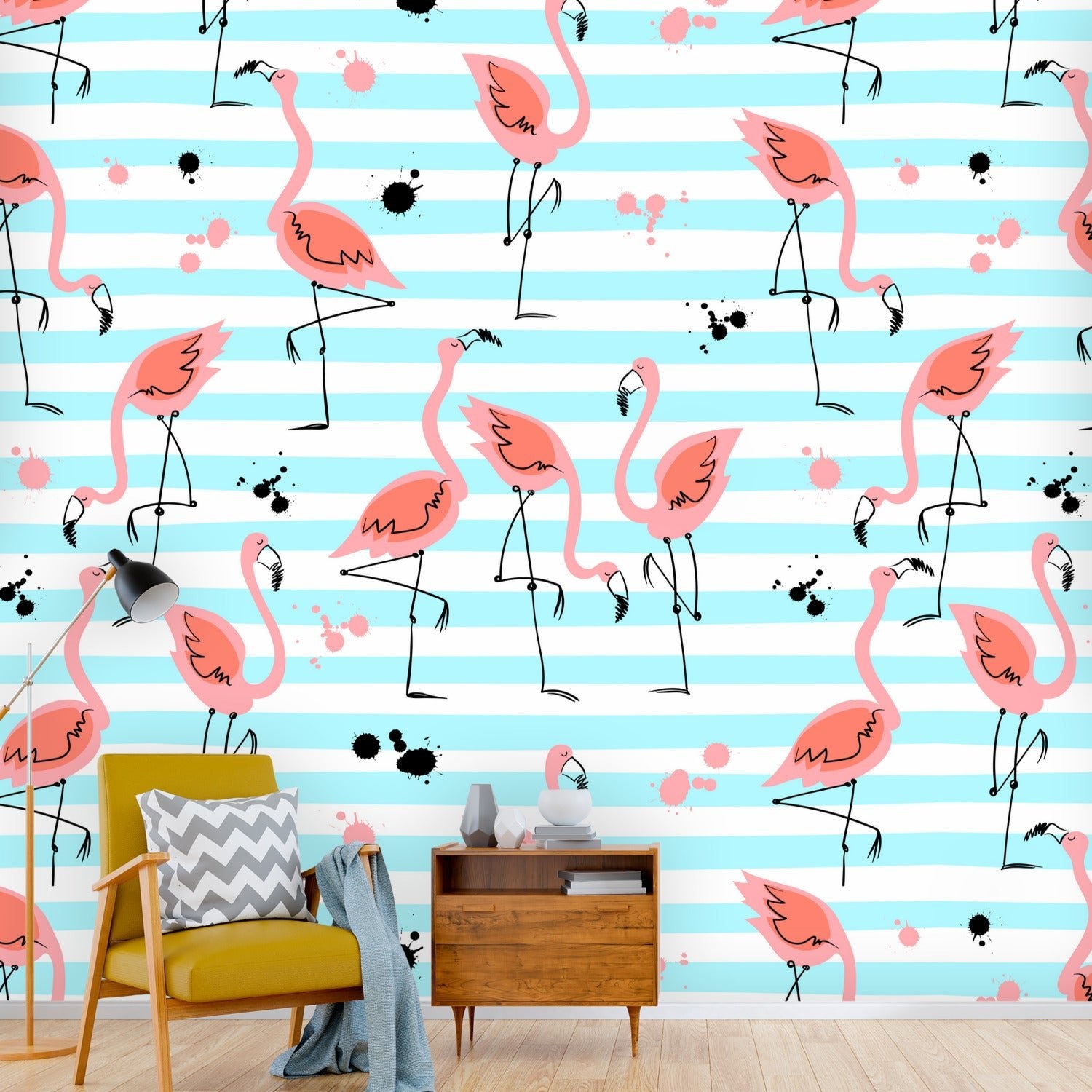 Kate McEnroe New York Retro Pink Flamingo Striped Wall Mural, Mid Century Modern Tropical Peel and Stick Wallpaper, 50s Palm Springs DecorWall Mural127797