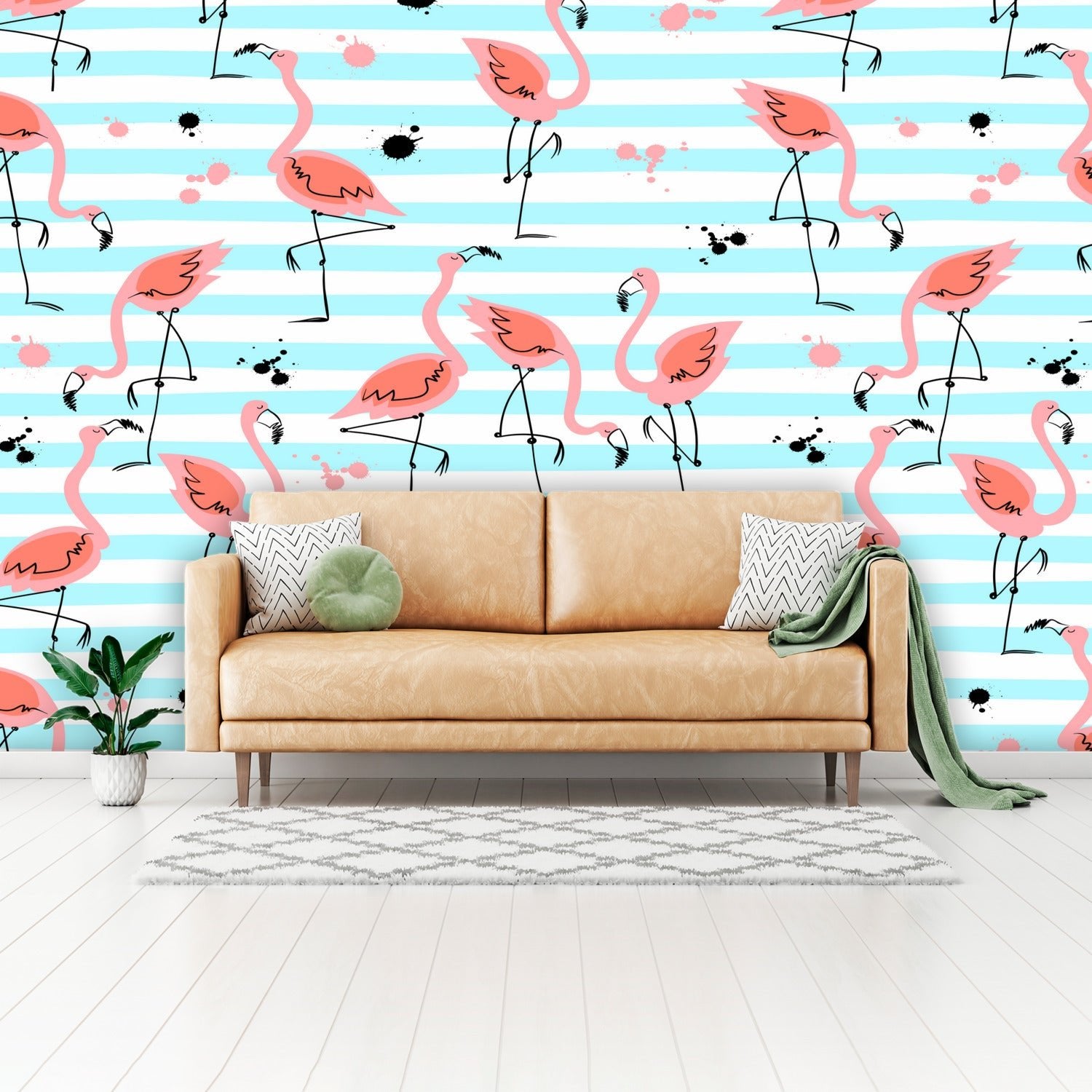 Kate McEnroe New York Retro Pink Flamingo Striped Wall Mural, Mid Century Modern Tropical Peel and Stick Wallpaper, 50s Palm Springs DecorWall Mural127798