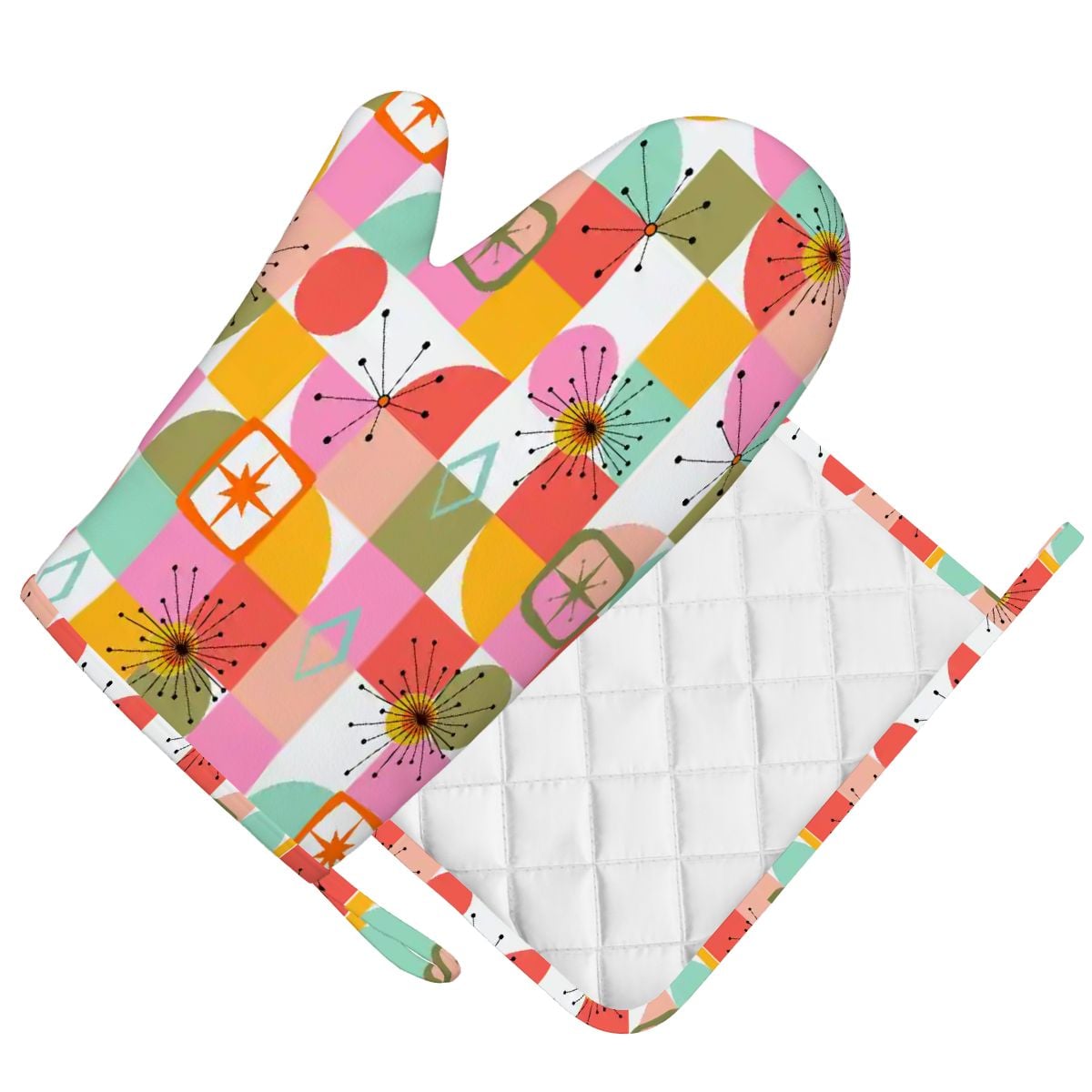 Kate McEnroe New York Retro Pink Yellow Atomic Starburst Geometric Oven Mitts and Pot Holders SetsOven Mitts &amp; Pot Holder SetJ15et6hBpL