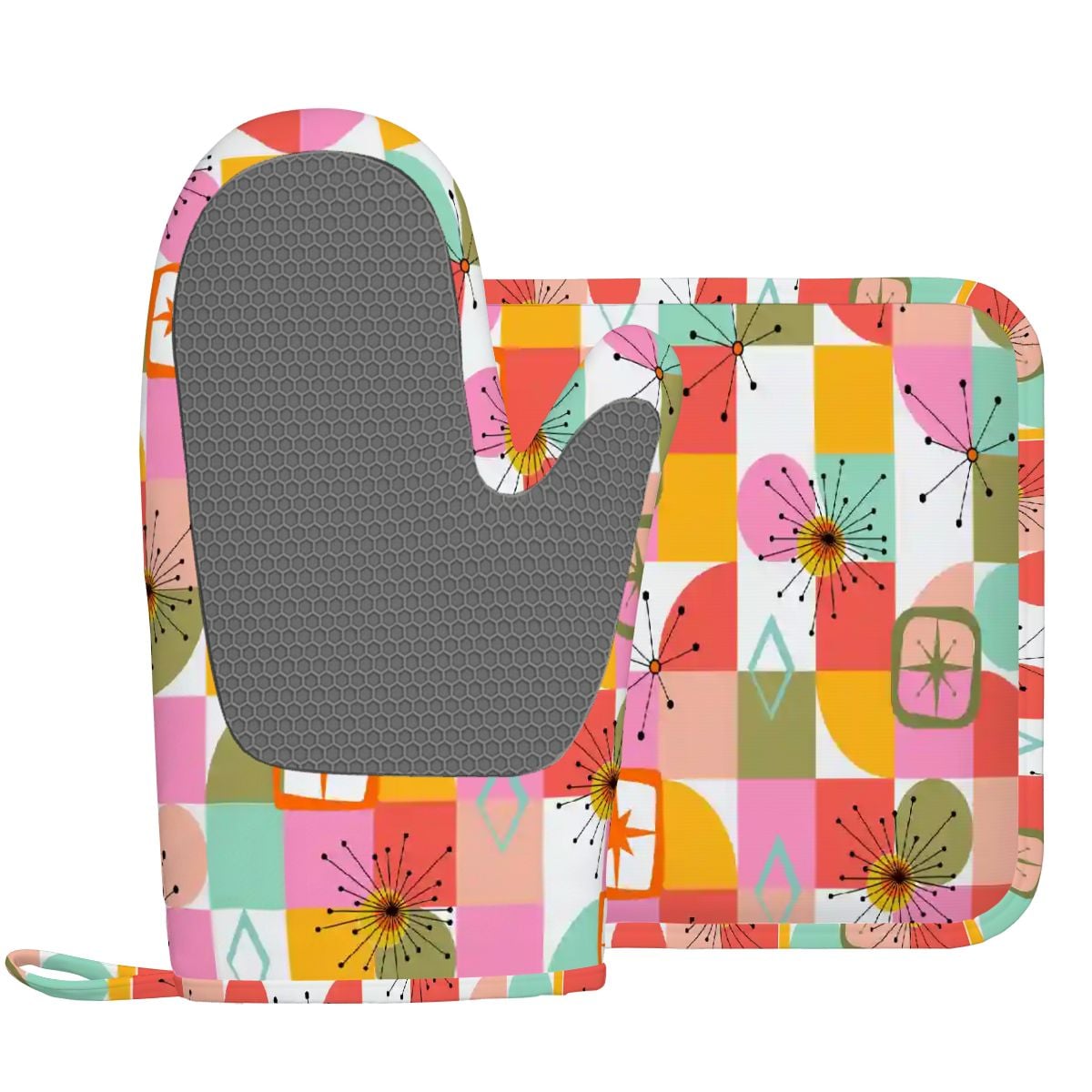 Kate McEnroe New York Retro Pink Yellow Atomic Starburst Geometric Oven Mitts and Pot Holders SetsOven Mitts &amp; Pot Holder SetJ15et6hBpL