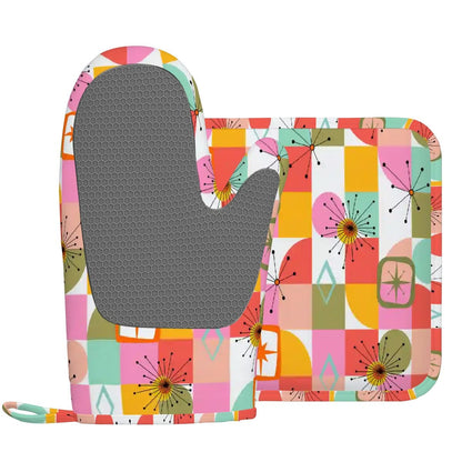 Kate McEnroe New York Retro Pink Yellow Atomic Starburst Geometric Oven Mitts and Pot Holders SetsOven Mitts &amp; Pot Holder SetJ15et6hBpL