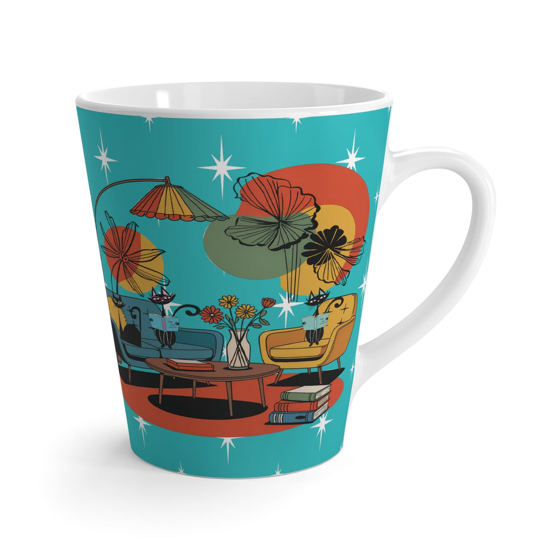 Kate McEnroe New York Retro Reading Lounge Atomic Cat Mug, Mid Century Modern Latte Cup, MCM Bookish Starburst Coffee GiftMugs31764972596378525913