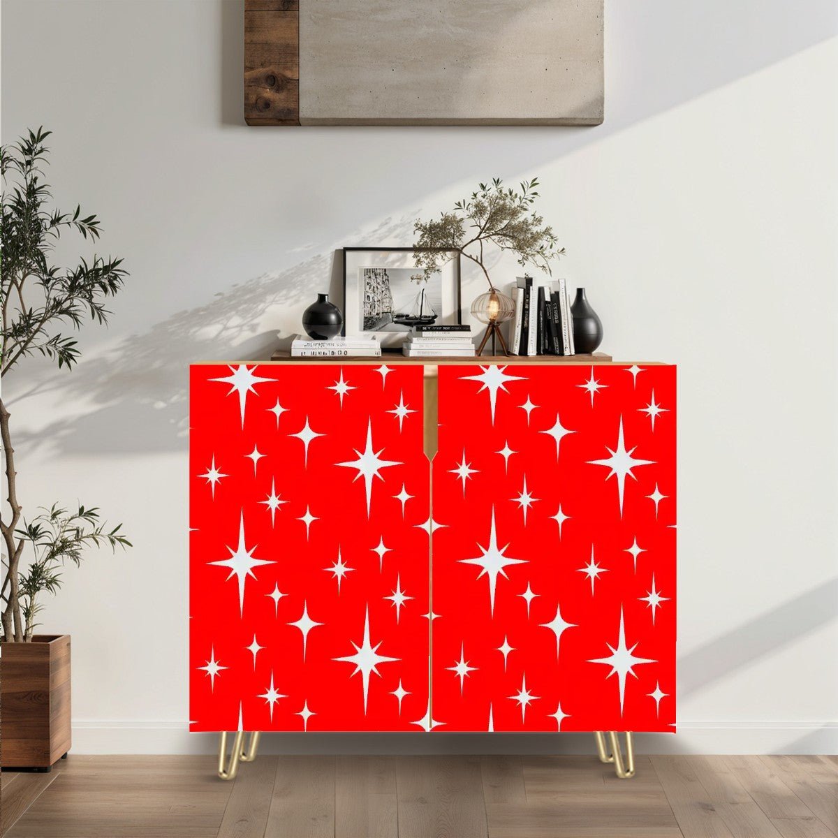 Kate McEnroe New York Retro Red Starburst Credenza, 50s Mid Century Modern Storage Cabinet, Vintage MCM Space Age SideboardStorage Cabinetsr1L6e9dgqF