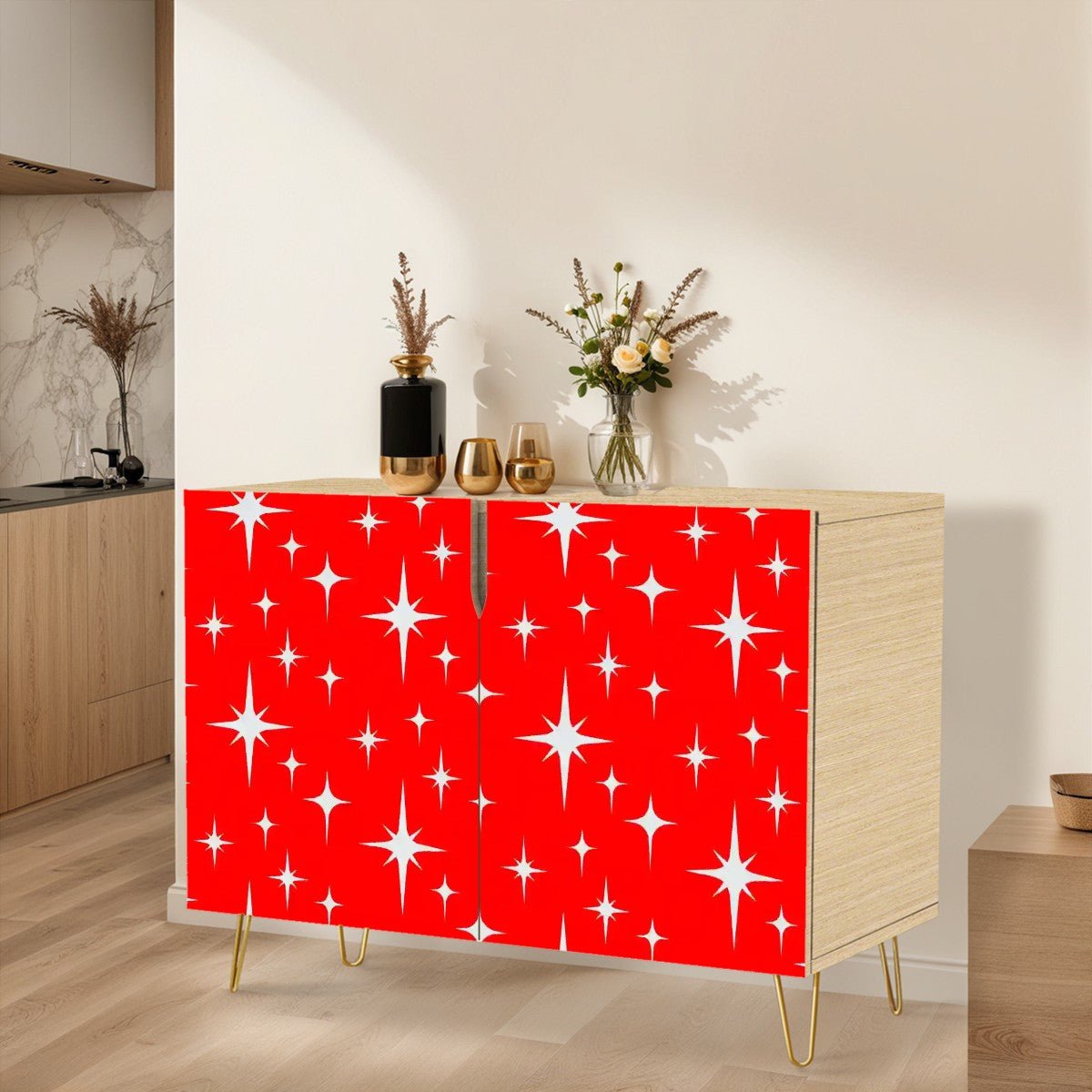 Kate McEnroe New York Retro Red Starburst Credenza, 50s Mid Century Modern Storage Cabinet, Vintage MCM Space Age SideboardStorage Cabinetsr1L6e9dgqF