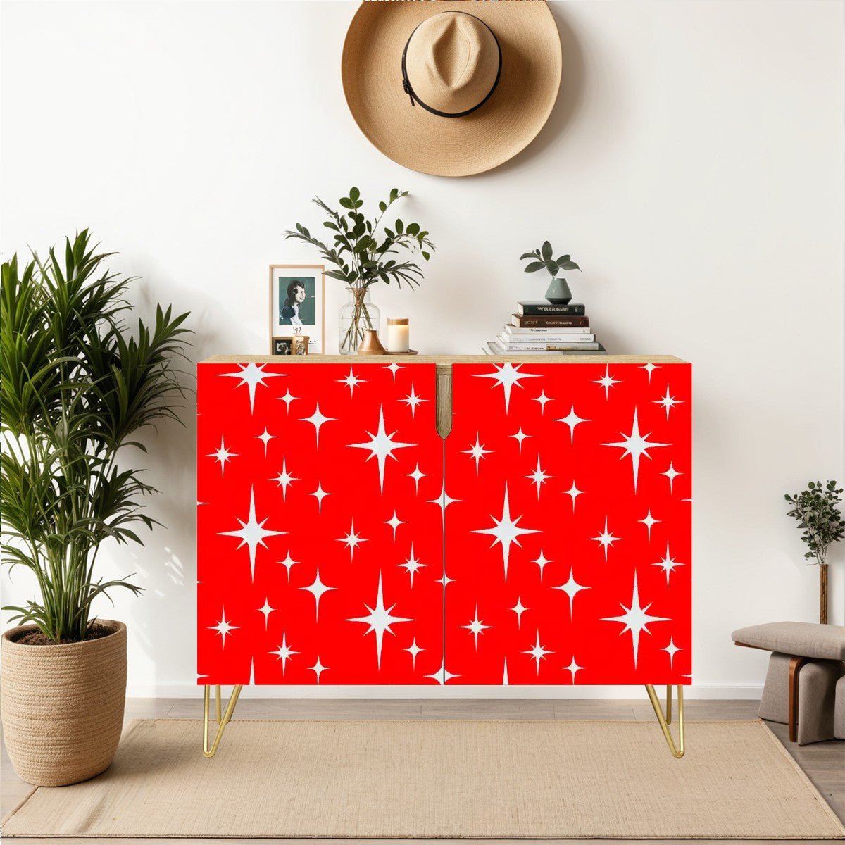 Kate McEnroe New York Retro Red Starburst Credenza, 50s Mid Century Modern Storage Cabinet, Vintage MCM Space Age SideboardStorage Cabinetsr1L6e9dgqF