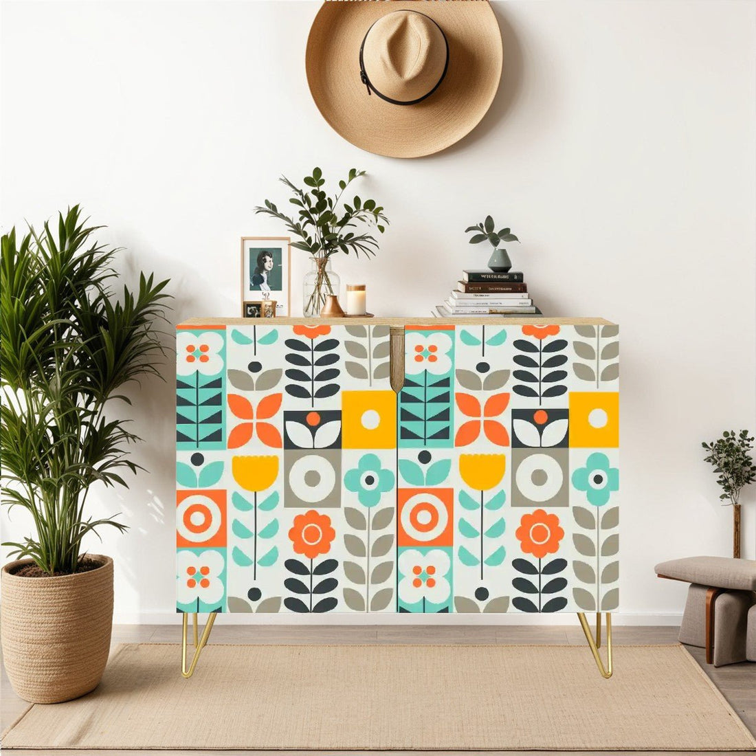 Kate McEnroe New York Retro Scandinavian Credenza, Mid Century Modern Geometric Floral Sideboard, 60s Mod Buffet CabinetStorage Cabinetsg4HvfQbmrq
