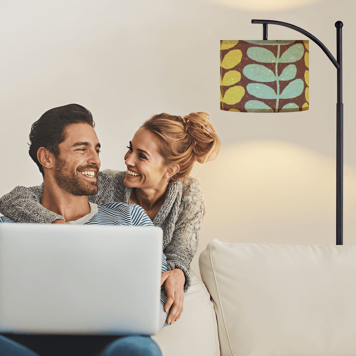 Kate McEnroe New York Retro Scandinavian Floral Arc Floor Lamp, Mid Century Modern Yellow Blue Leaf Accent LightFloor LampsDALiToYzgG