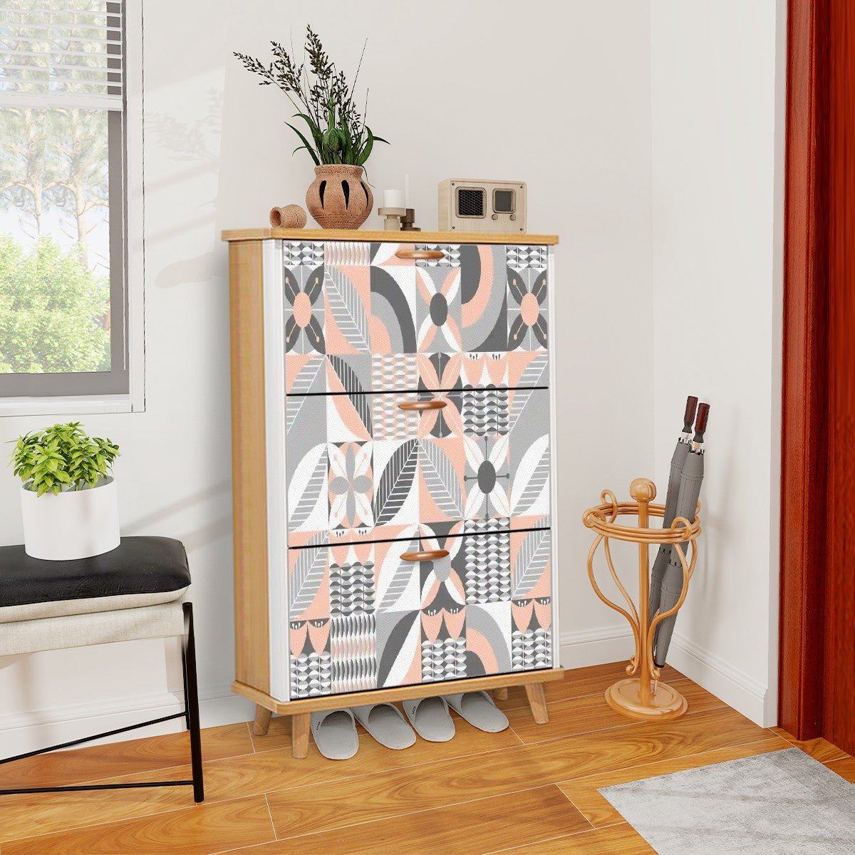 Kate McEnroe New York Retro Scandinavian Floral Shoe Cabinet, Mid Century Modern Storage Furniture, Danish Modern AccentShoe StorageDLOpPELCRV