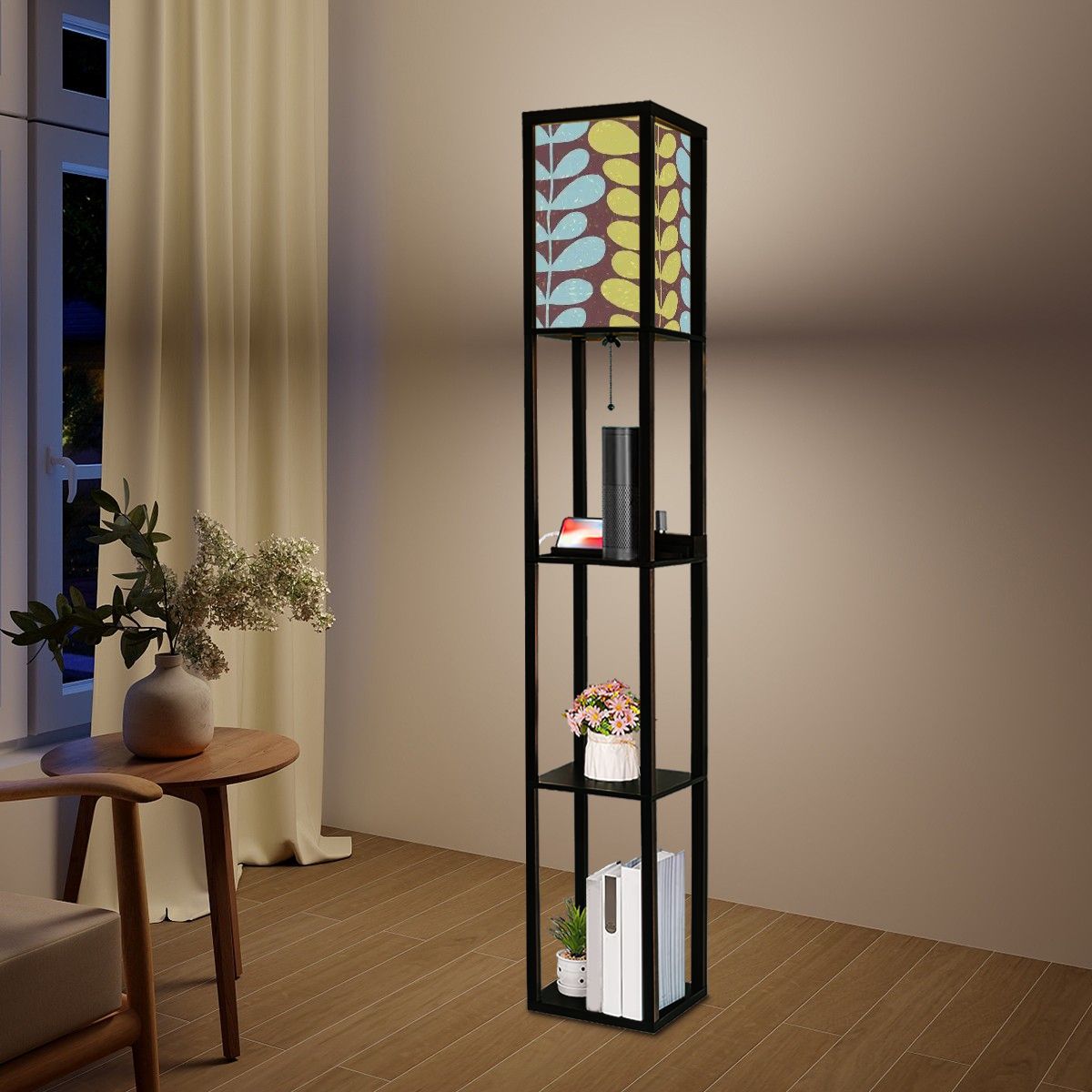 Kate McEnroe New York Retro Scandinavian Hygge Floral Floor Lamp With Shelves, Mid Century Modern Danish Modern LightingShelf LightingaqQc0YLzpl