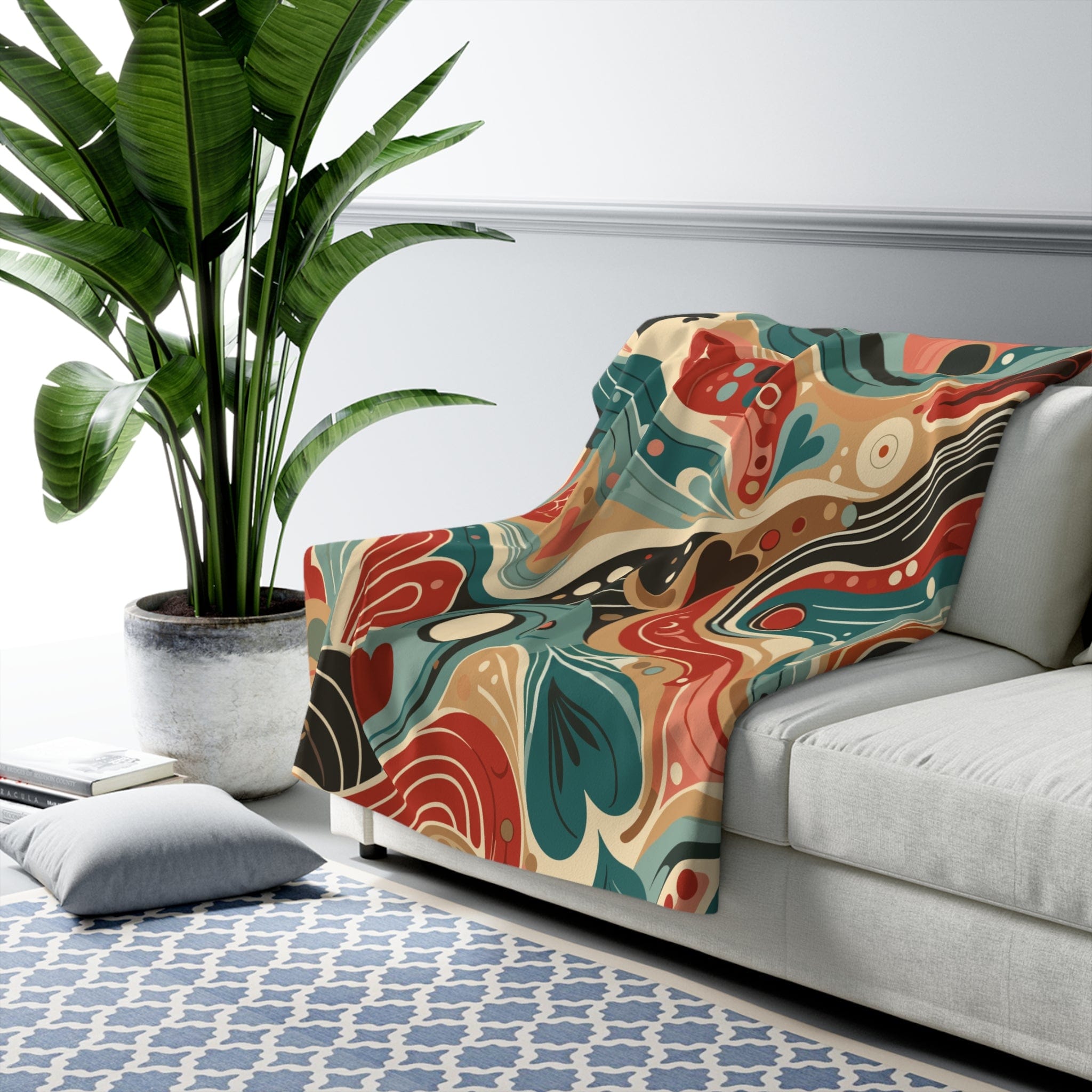 Kate McEnroe New York Retro Swirls Sherpa Fleece Blanket, Mid Century Modern Wavy Throw, Vibrant Abstract Design BlanketBlankets30110482134172406388