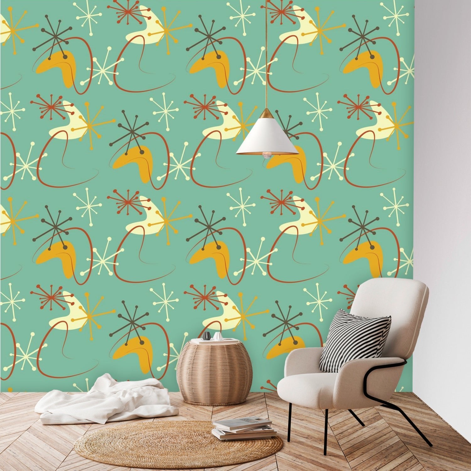 Kate McEnroe New York Retro Teal Mustard Atomic Boomerang Wall Mural, Mid Century Modern Peel and Stick 50s MCM DecorWall Mural127871