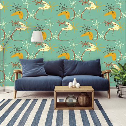 Kate McEnroe New York Retro Teal Mustard Atomic Boomerang Wall Mural, Mid Century Modern Peel and Stick 50s MCM DecorWall Mural127872