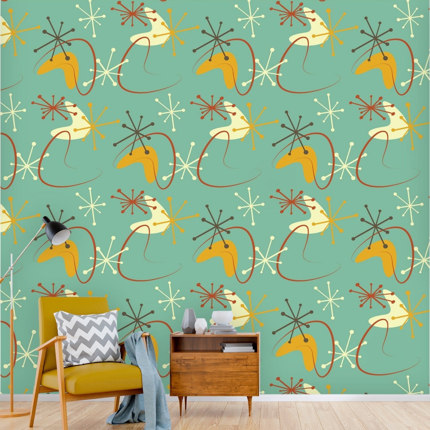 Kate McEnroe New York Retro Teal Mustard Atomic Boomerang Wall Mural, Mid Century Modern Peel and Stick 50s MCM DecorWall Mural127873