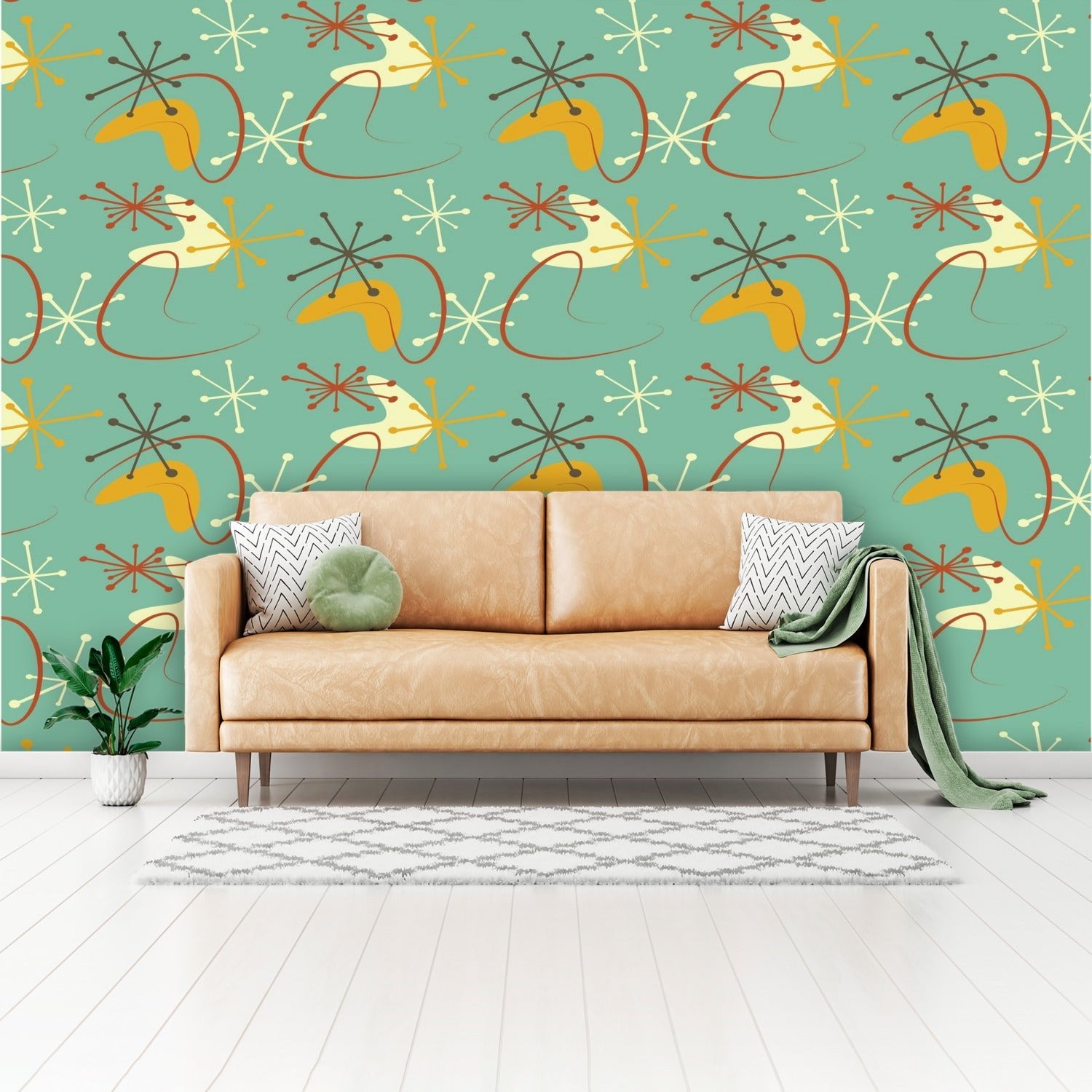 Kate McEnroe New York Retro Teal Mustard Atomic Boomerang Wall Mural, Mid Century Modern Peel and Stick 50s MCM DecorWall Mural127874