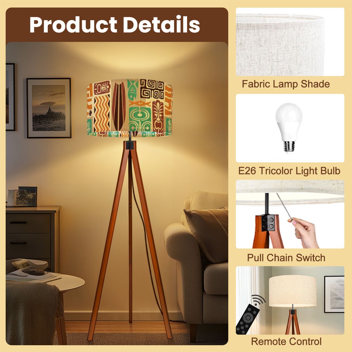 Kate McEnroe New York Retro Tiki Polynesian Tripod Floor Lamp, Mid Century Modern Brown Teal LightingFloor LampsbTdOTSJnNC