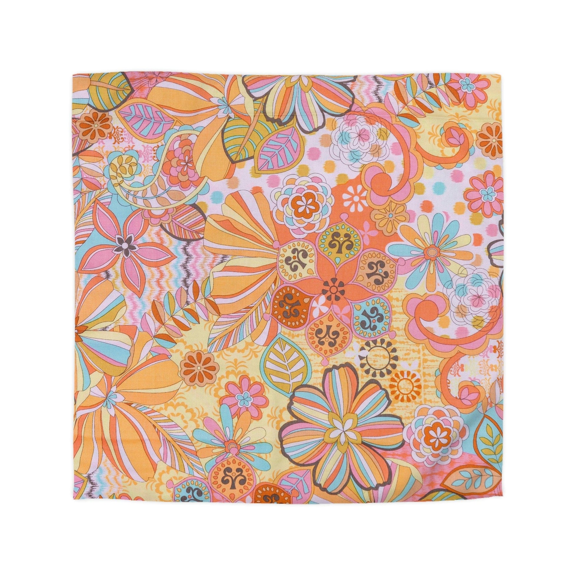 Kate McEnroe New York Retro Trippy Flower Power Duvet Cover, 70s Mid Mod Hippie Chic Floral Bedroom Decor with Groovy Orange, Yellow, and Blue Palette Duvet Covers Queen / Cream 84589177089189936786