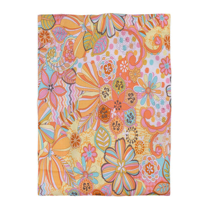Kate McEnroe New York Retro Trippy Flower Power Duvet Cover, 70s Mid Mod Hippie Chic Floral Bedroom Decor with Groovy Orange, Yellow, and Blue Palette Duvet Covers Twin XL / Cream 10974519780477659185
