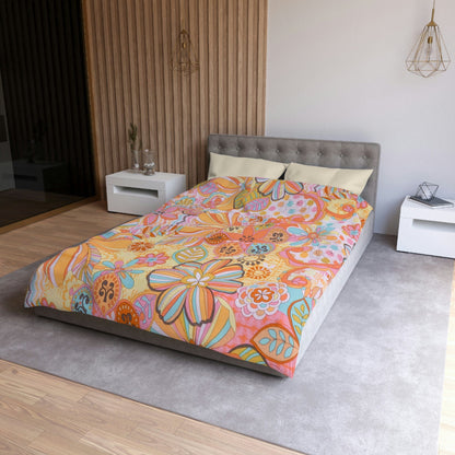Kate McEnroe New York Retro Trippy Flower Power Duvet Cover, 70s Mid Mod Hippie Chic Floral Bedroom Decor with Groovy Orange, Yellow, and Blue PaletteDuvet Covers10974519780477659185
