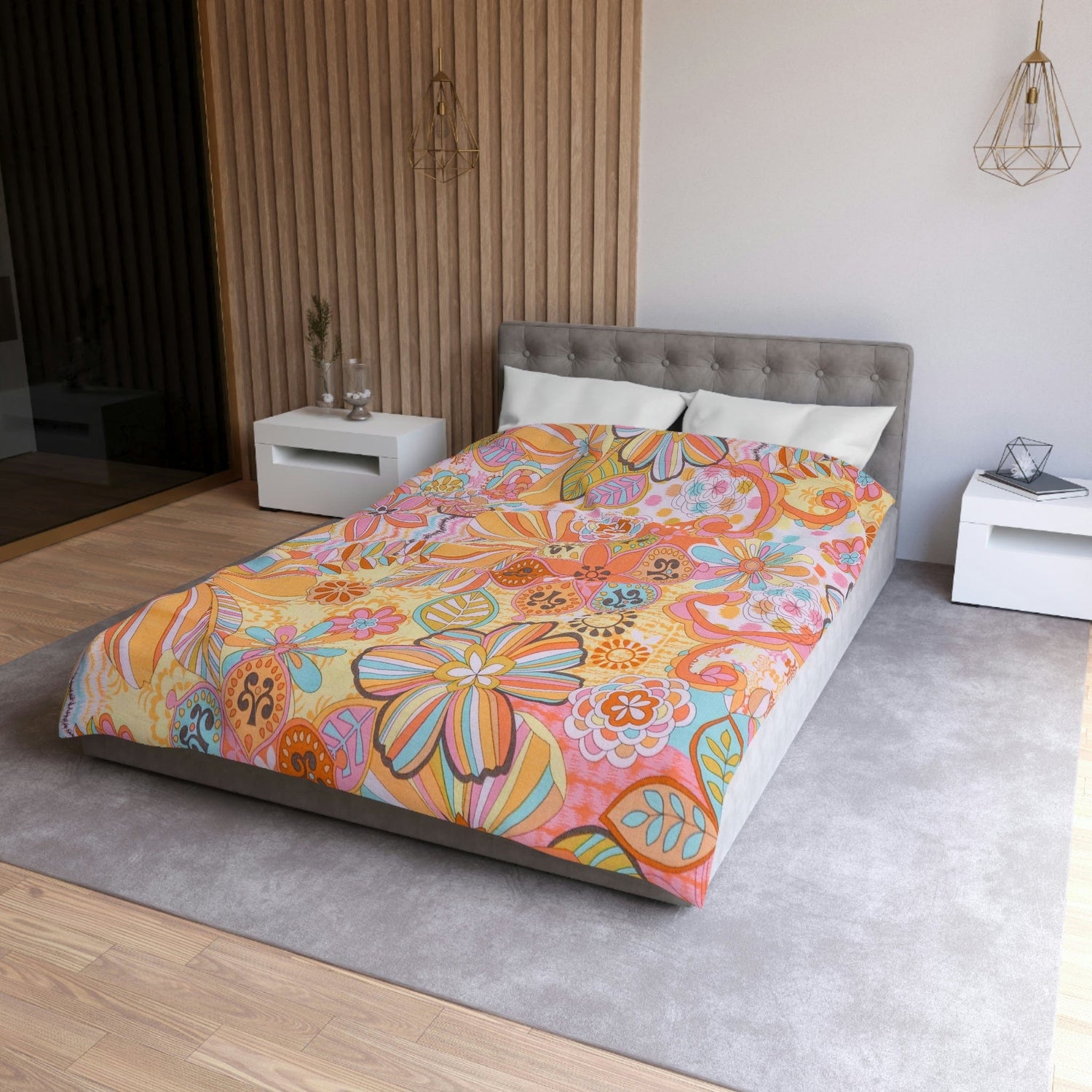 Kate McEnroe New York Retro Trippy Flower Power Duvet Cover, 70s Mid Mod Hippie Chic Floral Bedroom Decor with Groovy Orange, Yellow, and Blue PaletteDuvet Covers26323424880278798214