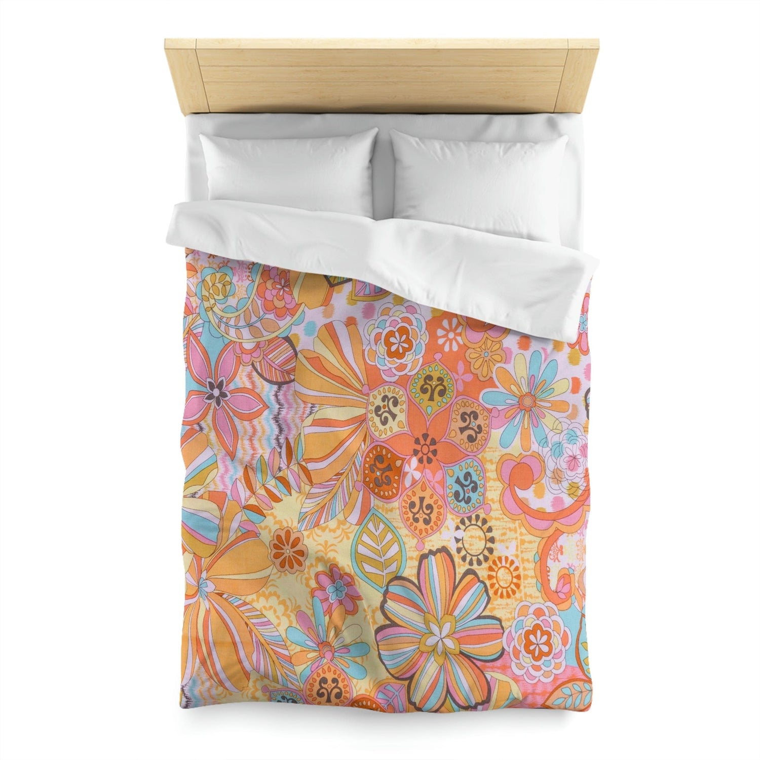 Kate McEnroe New York Retro Trippy Flower Power Duvet Cover, 70s Mid Mod Hippie Chic Floral Bedroom Decor with Groovy Orange, Yellow, and Blue PaletteDuvet Covers33031651164871971217