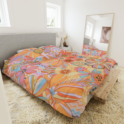 Kate McEnroe New York Retro Trippy Flower Power Duvet Cover, 70s Mid Mod Hippie Chic Floral Bedroom Decor with Groovy Orange, Yellow, and Blue PaletteDuvet Covers40332228668726911553
