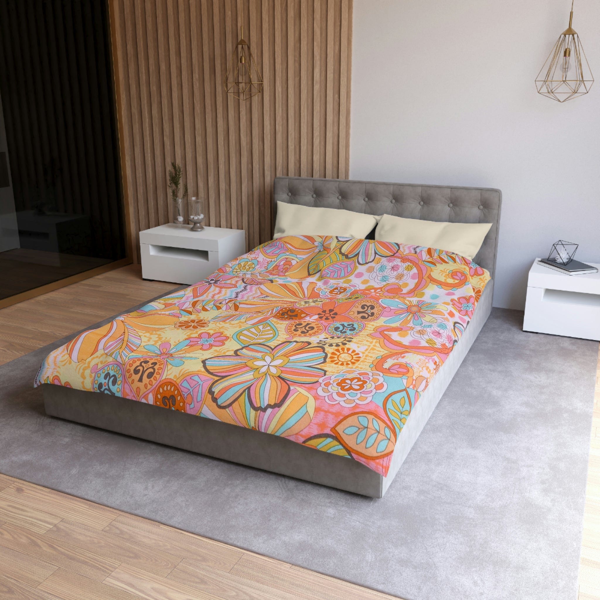 Kate McEnroe New York Retro Trippy Flower Power Duvet Cover, 70s Mid Mod Hippie Chic Floral Bedroom Decor with Groovy Orange, Yellow, and Blue PaletteDuvet Covers55681781890748316496