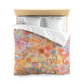 Kate McEnroe New York Retro Trippy Flower Power Duvet Cover, 70s Mid Mod Hippie Chic Floral Bedroom Decor with Groovy Orange, Yellow, and Blue PaletteDuvet Covers84589177089189936786