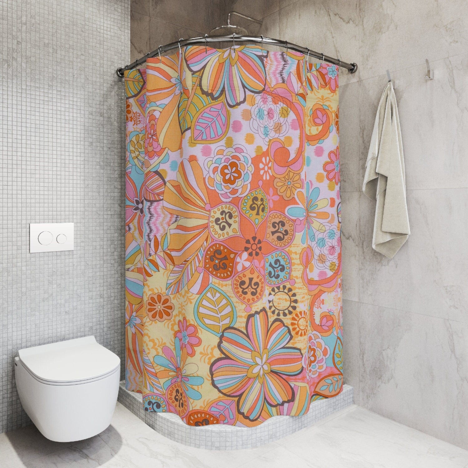 Kate McEnroe New York Retro Trippy Flower Power Shower Curtain, 70s Mid Mod Hippie Chic Floral Bathroom Decor with Groovy Orange, Yellow, and Blue PaletteShower CurtainsSC - PIN - GRV - 7X7