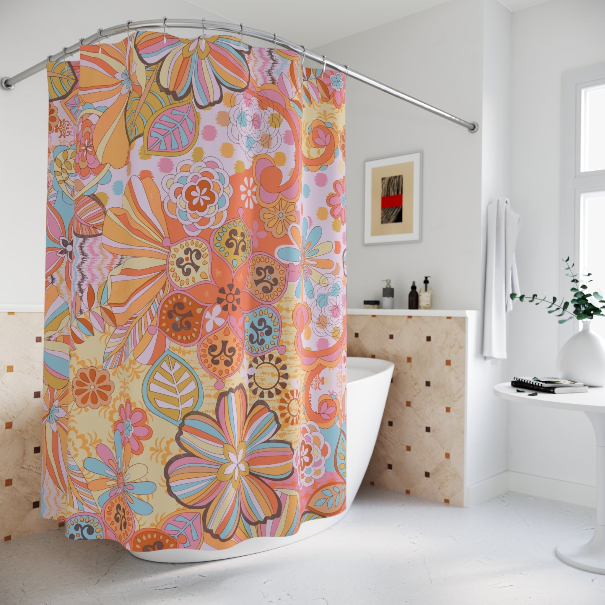 Kate McEnroe New York Retro Trippy Flower Power Shower Curtain, 70s Mid Mod Hippie Chic Floral Bathroom Decor with Groovy Orange, Yellow, and Blue PaletteShower CurtainsSC-PIN-GRV-7X7
