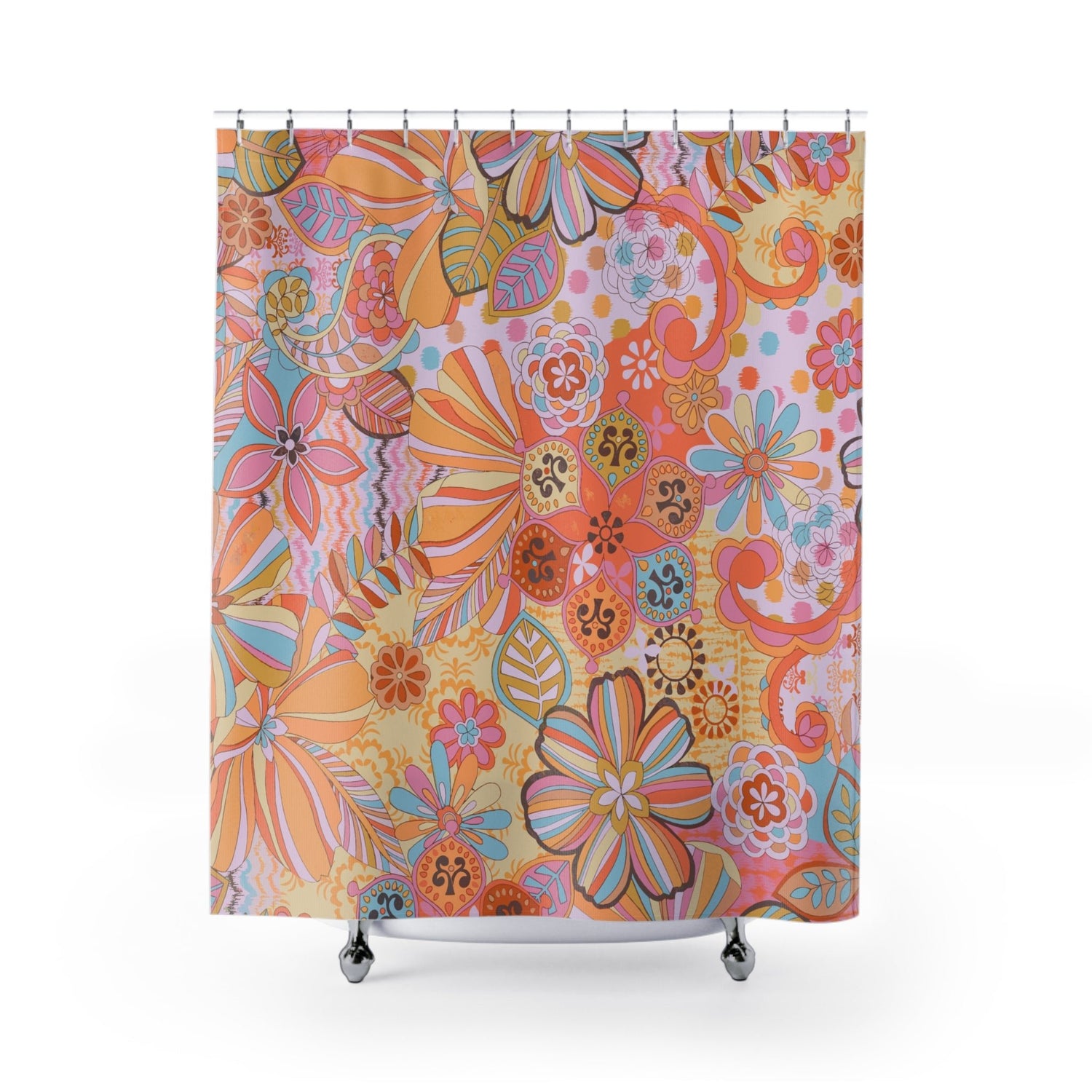 Kate McEnroe New York Retro Trippy Flower Power Shower Curtain, 70s Mid Mod Hippie Chic Floral Bathroom Decor with Groovy Orange, Yellow, and Blue PaletteShower CurtainsSC-PIN-GRV-7X7
