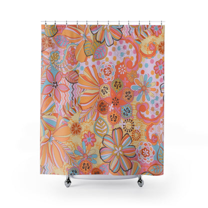 Kate McEnroe New York Retro Trippy Flower Power Shower Curtain, 70s Mid Mod Hippie Chic Floral Bathroom Decor with Groovy Orange, Yellow, and Blue PaletteShower CurtainsSC-PIN-GRV-7X7