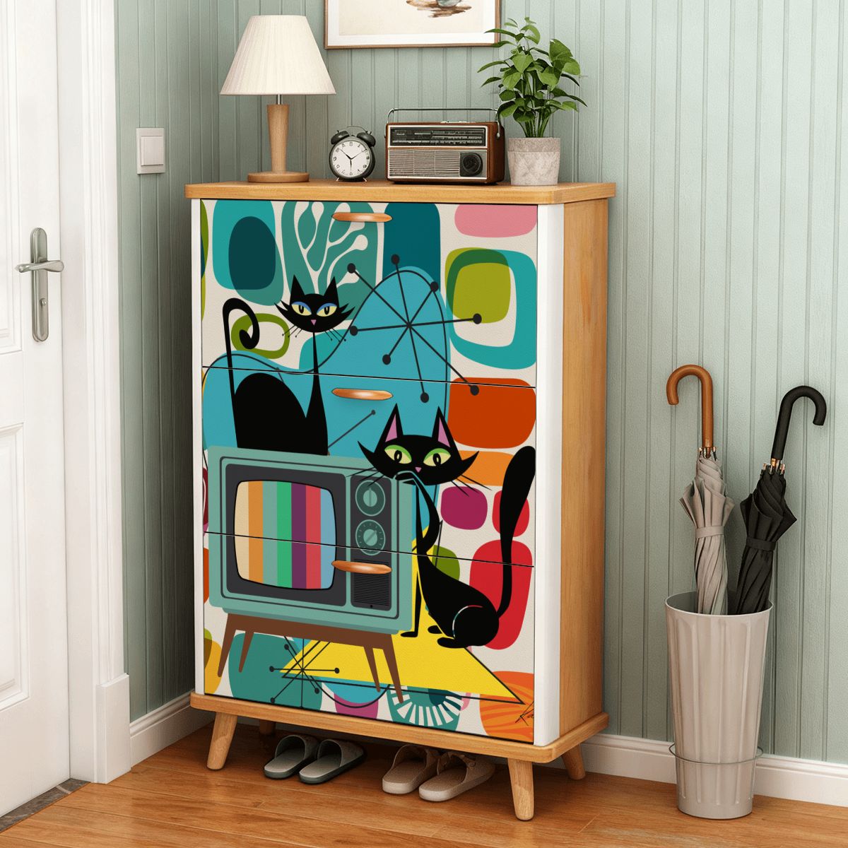Kate McEnroe New York Retro TV Atomic Cat 3-Tier Shoe Cabinet, Mid Century Modern Amoeba Storage Unit, Vintage MCM OrganizerShoe StorageYdbc5CLDxv