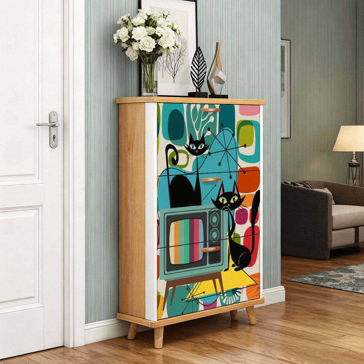 Kate McEnroe New York Retro TV Atomic Cat 3-Tier Shoe Cabinet, Mid Century Modern Amoeba Storage Unit, Vintage MCM OrganizerShoe StorageYdbc5CLDxv
