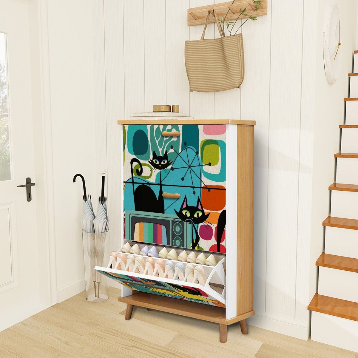 Kate McEnroe New York Retro TV Atomic Cat 3 - Tier Shoe Cabinet, Mid Century Modern Amoeba Storage Unit, Vintage MCM OrganizerShoe StorageYdbc5CLDxv