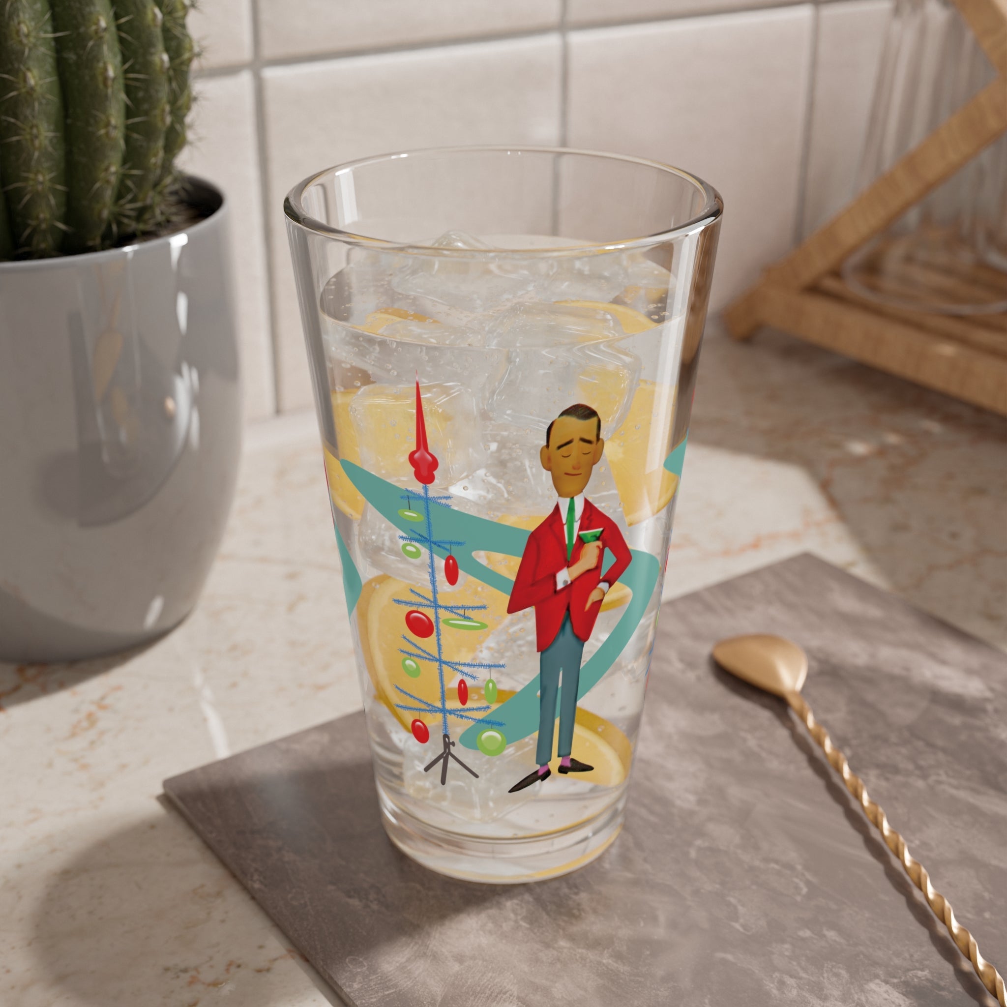 Kate McEnroe New York Retro Vintage 1950s Kitsch Christmas Card Art Pint Glass, MCM Holiday Party Barware, Mid Century Modern Atomic Starburst Cocktail ShakerPint Glasses23100141581726664298