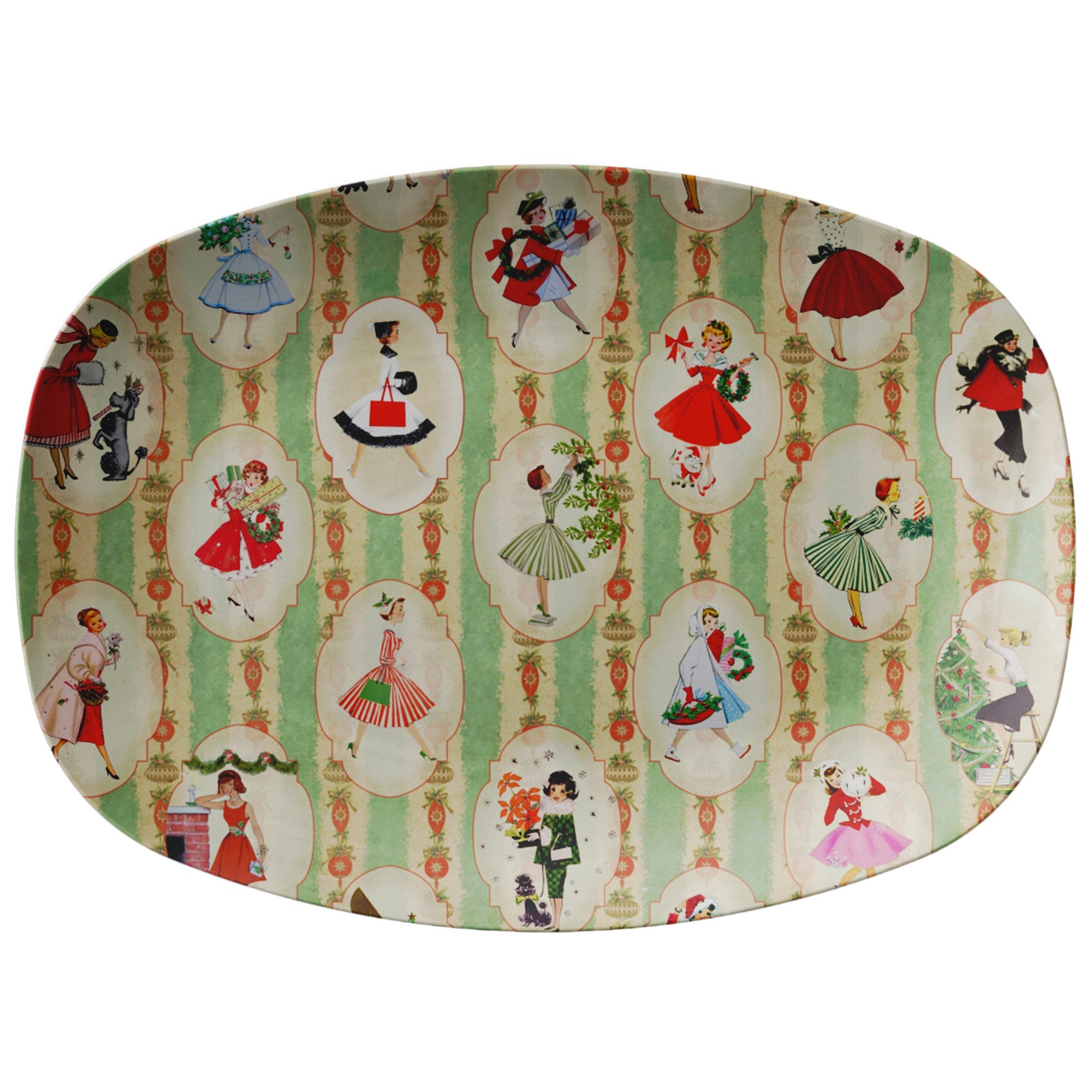 Kate McEnroe New York Retro Vintage 1950s Kitsch Christmas Platter, Mid Century Modern Green, Red, Women, Ladies, Housewives Holiday Party DishServing Platters9727