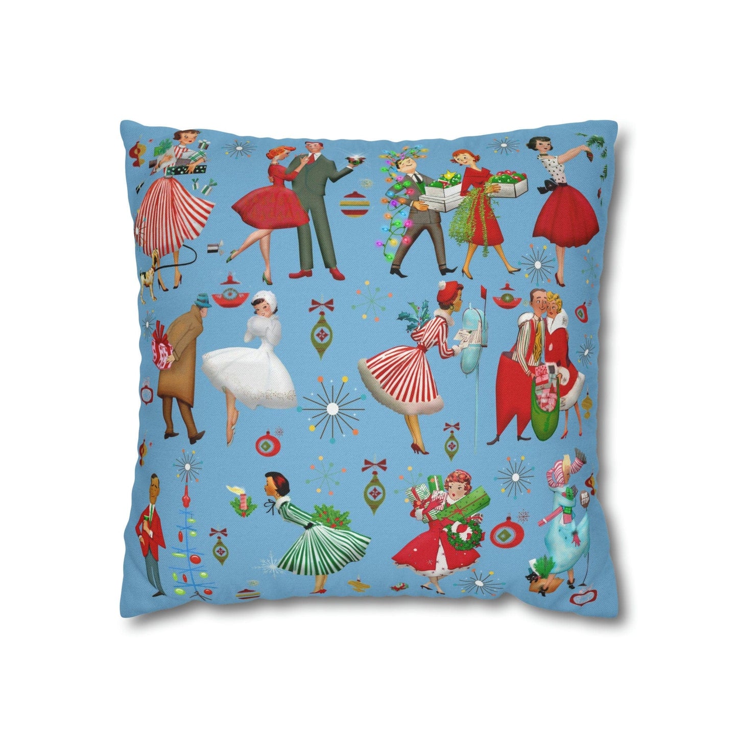 Kate McEnroe New York Retro Vintage 1950s Kitsch Christmas Throw Pillow Cover, Vintage Housewives, Couples Xmas Card Inspired Art, MCM Holiday Decor Throw Pillow Covers