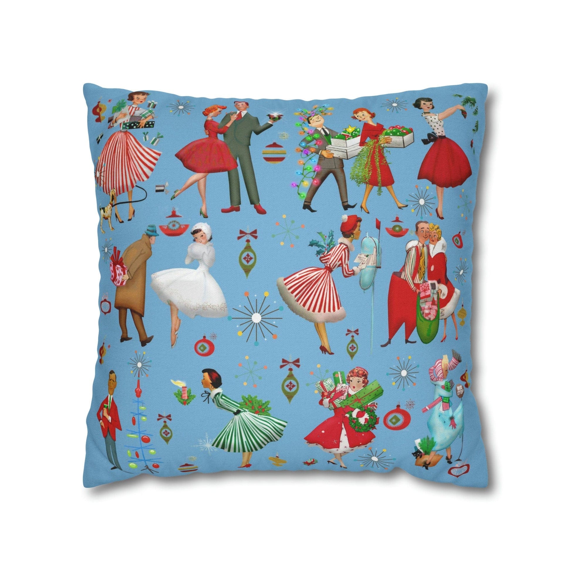Kate McEnroe New York Retro Vintage 1950s Kitsch Christmas Throw Pillow Cover, Vintage Housewives, Couples Xmas Card Inspired Art, MCM Holiday Decor Throw Pillow Covers